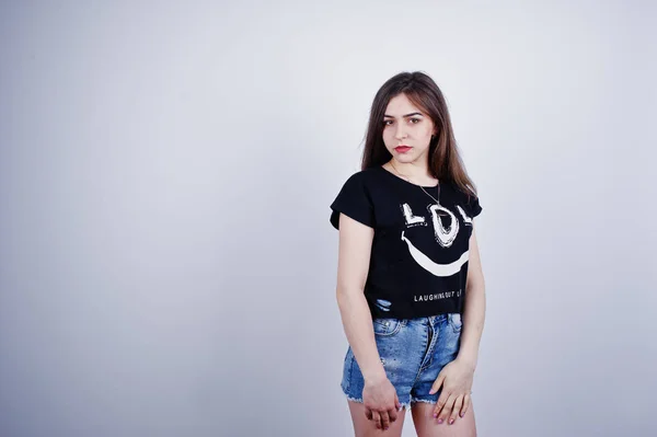 Portrait Attractive Girl Black Shirt Saying Lol Denim Shorts Posing — Stock Photo, Image