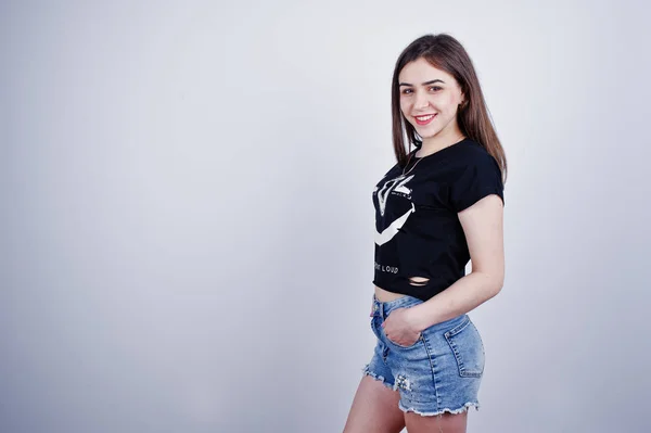 Portrait Attractive Girl Black Shirt Saying Lol Denim Shorts Posing — Stock Photo, Image