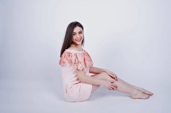 Portrait Fashionable Woman Pink Dress Sitting Posing Floor Studio — Stock Photo, Image