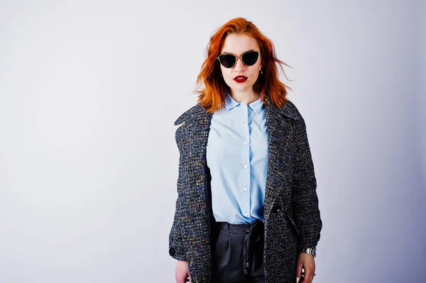 Portrait Fantastic Redheaded Girl Blue Shirt Grey Overcoat Posing Sunglasses — Stock Photo, Image