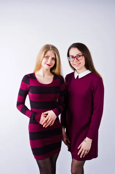 Porträt Zweier Freundinnen Kirschkleidern Die Atelier Posieren — Stockfoto