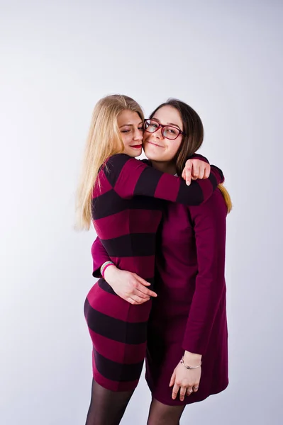 Porträt Zweier Freundinnen Kirschkleidern Die Atelier Posieren — Stockfoto