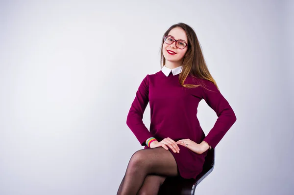 Portrait Young Woman Purple Dress Glasses Sitting Chair Studio — Stock Photo, Image