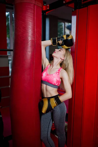 Sexy Sport Blonde Girl Punching Bag Fit Woman Boxing — Stock Photo, Image