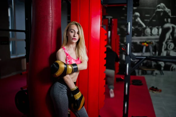 Sexy Sport Blonde Girl Punching Bag Fit Woman Boxing — Stock Photo, Image