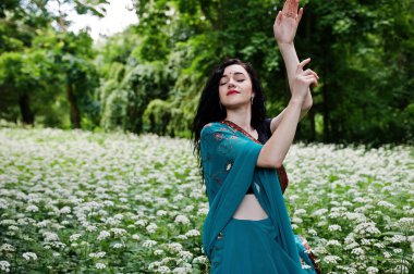 Güzel Hint brumette kız ya da hindu kadın modeli portresi. Geleneksel Hint kostüm lehenga choli.