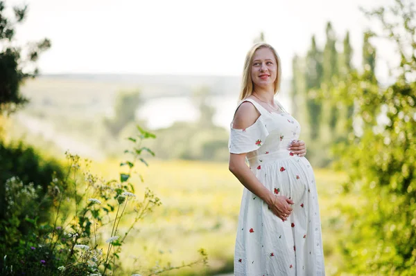 Çayır Alana Sarışın Hamile Anne Gebeliğin Mutlu Anları — Stok fotoğraf