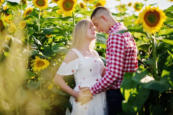 Schwangere Sonnenblumenfeld Glückliche Momente Der Schwangerschaft — Stockfoto