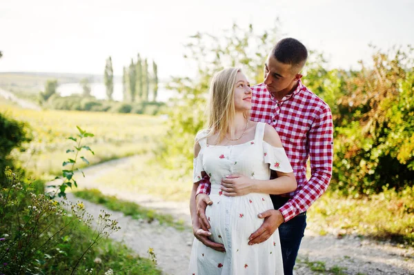 Pareja Embarazada Campo Momentos Felices Embarazo —  Fotos de Stock