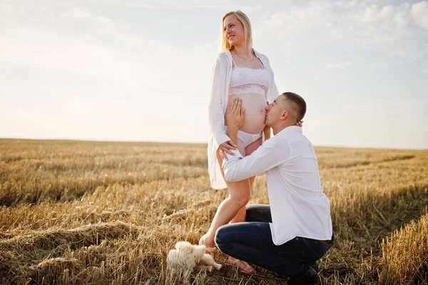 Zwanger Koppel Krans Veld Wit Ondergoed Kleren Zonsondergang Met Hond — Stockfoto