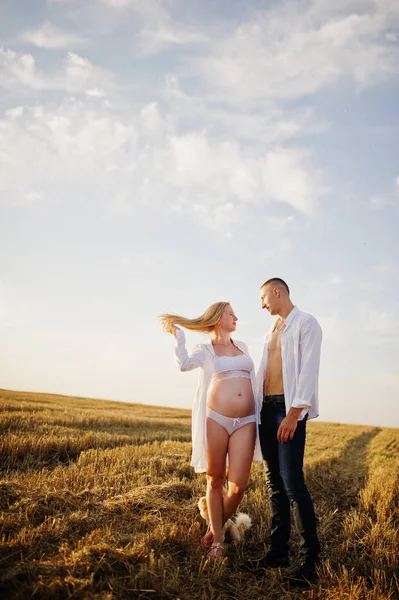 Zwanger Koppel Krans Veld Wit Ondergoed Kleren Zonsondergang Gelukkige Momenten — Stockfoto