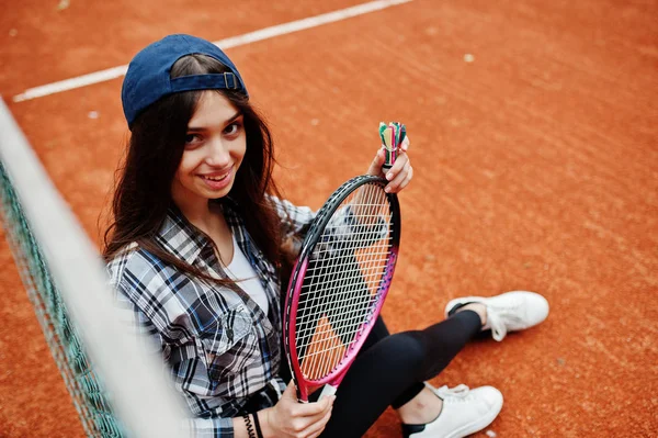 Jeune Fille Sportive Joueuse Avec Raquette Tennis Sur Court Tennis — Photo