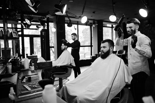 Handsome Bearded Man Barbershop Barber Work Using Hair Dryer — Stock Photo, Image