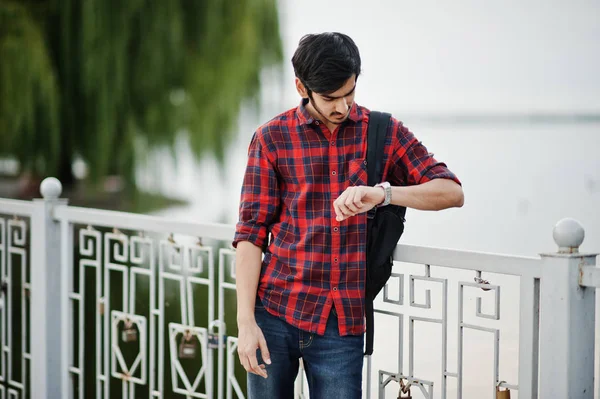 Young Indian Student Man Checkered Shirt Jeans Backpack Posed Evening — Stock Photo, Image
