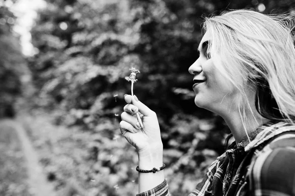 Close Portrait Blond Girl Tartan Shirt Blowing Dandelion — Stock Photo, Image