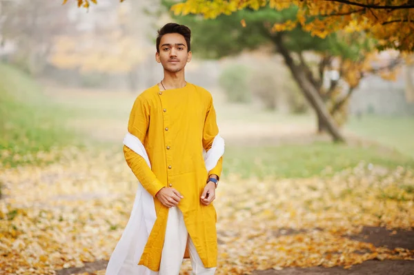 Indiska Eleganta Mannen Gula Traditionella Kläder Med Vit Halsduk Poserade — Stockfoto