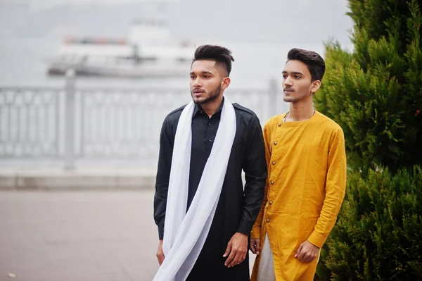 Two Indian Stylish Mans Friends Traditional Clothes Posed Outdoor Steamboat — Stock Photo, Image