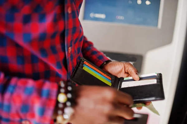 African American Man Checkered Shirt Backpack Holding Wallet Hand Atm — Stock Photo, Image