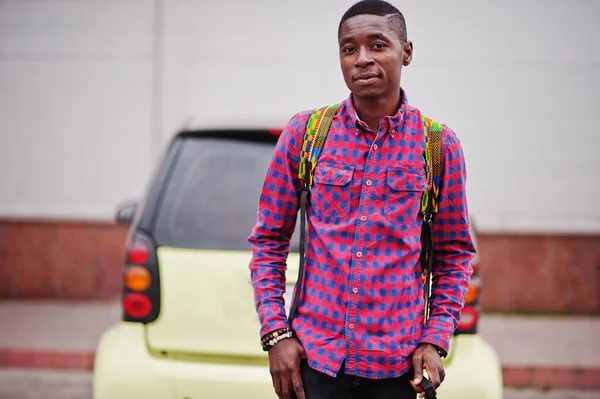 African American Man Checkered Shirt Suitcase Backpack Black Man Traveler — Stock Photo, Image