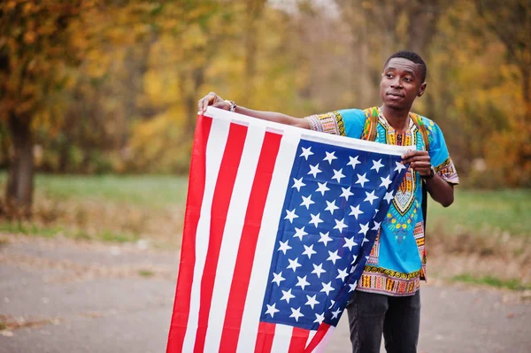 African Man Africa Traditional Shirt Autumn Park Usa Flag Stock Picture