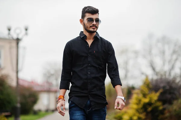 Indian Stylish Man Black Shirt Sunglasses Posed Outdoor — Stock Photo, Image