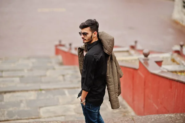 Indian Stylish Man Black Shirt Jacket Sunglasses Posed Outdoor — Stock Photo, Image