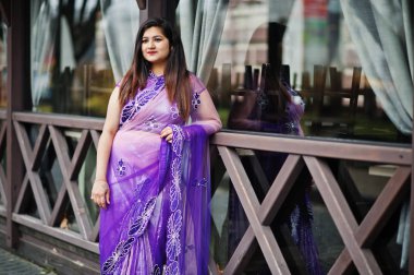 Geleneksel violet saree Hint hindu kıza Sokağı'nda poz verdi..