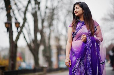 Geleneksel violet saree Hint hindu kıza Sokağı'nda poz verdi..
