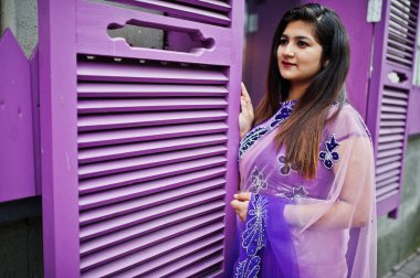 Geleneksel violet saree Hint hindu kıza Street mor windows karşı poz verdi.