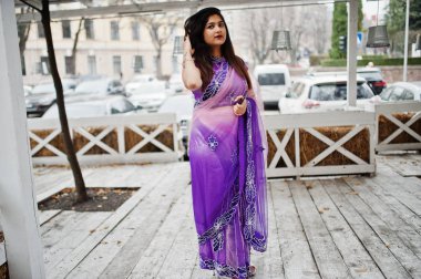 Geleneksel violet saree Hint hindu kıza karşı ahşap teras Street poz verdi.