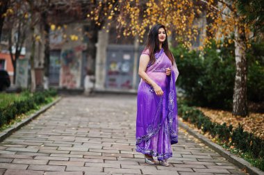 Geleneksel violet saree Hint hindu kıza sonbahar sokak poz verdi..
