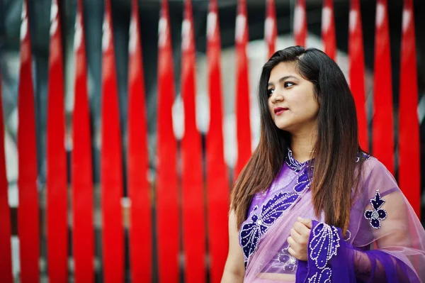 India Hindú Chica Tradicional Violeta Saree Posado Calle Sobre Rojo —  Fotos de Stock