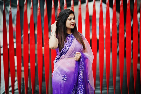 Geleneksel Violet Saree Hint Hindu Kıza Street Kırmızı Bir Arka — Stok fotoğraf