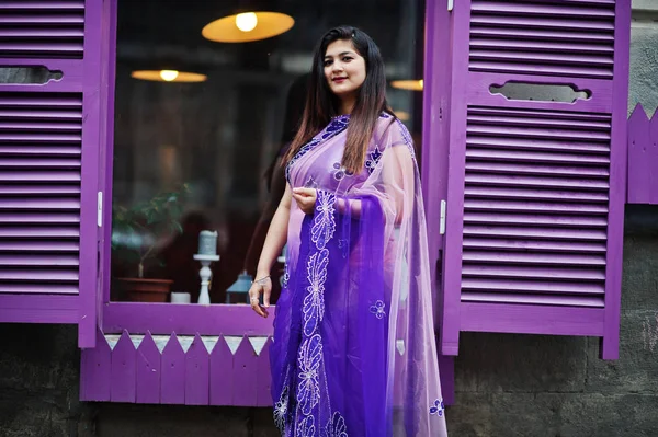 Indiase Hindoe Meisje Traditionele Violet Saree Gesteld Straat Tegen Paarse — Stockfoto