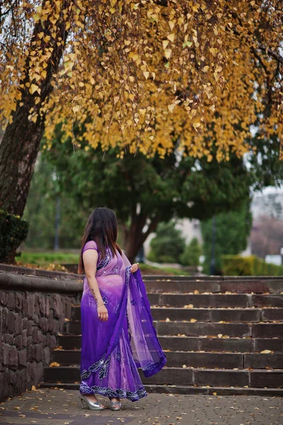 Indian Hindu Girl Traditional Violet Saree Posed Autumn Street — Stock Photo, Image