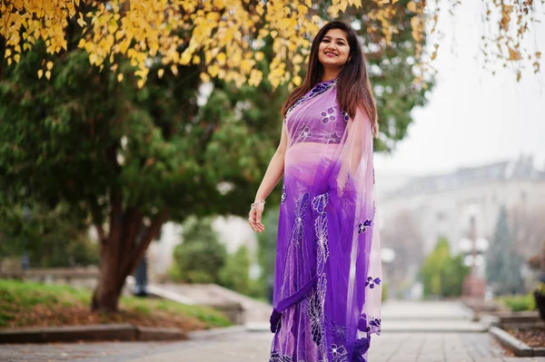 Indiska Hinduiska Flicka Traditionella Violett Saree Poserade Hösten Gatan — Stockfoto