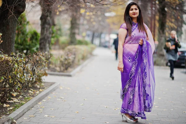 Indien Hindou Fille Traditionnel Violet Saree Posé Automne Rue — Photo