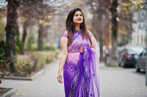 Indiska Hinduiska Flicka Traditionella Violett Saree Poserade Hösten Gatan — Stockfoto