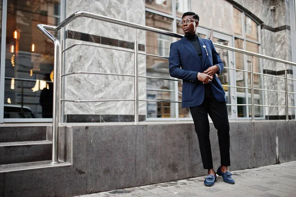 Amazingly Looking African American Man Wear Blue Blazer Brooch Black — Stock Photo, Image