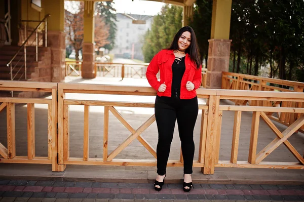 Pretty Latino Model Girl Ecuador Wear Black Red Jacket Posed — Stock Photo, Image