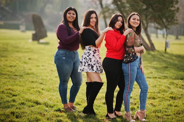 Groep Van Vier Gelukkig Mooi Latino Meisjes Uit Ecuador Stelde — Stockfoto