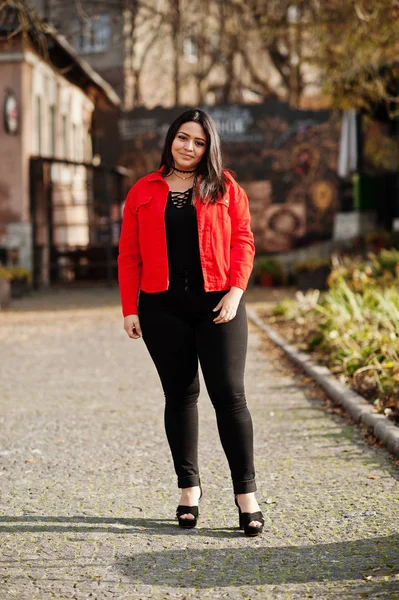 Pretty Latino Model Girl Ecuador Wear Black Red Jacket Posed — Stock Photo, Image