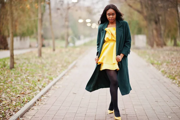 Yeşil Ceket Sarı Elbise Şık Afro Amerikan Kadına Karşı Sonbahar — Stok fotoğraf