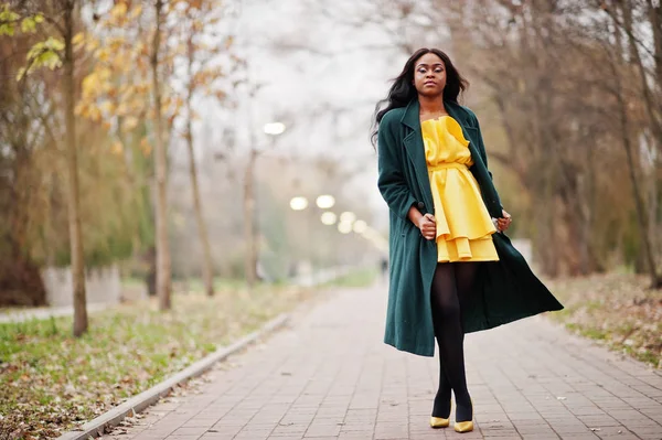 Elegante Mujer Afroamericana Abrigo Verde Vestido Amarillo Posado Contra Parque — Foto de Stock