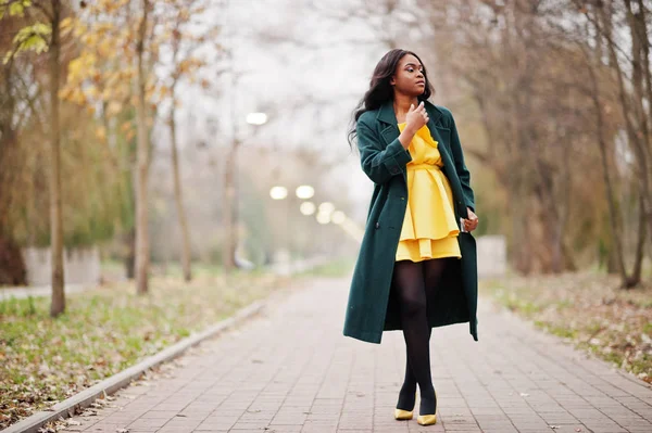 Elegante Mujer Afroamericana Abrigo Verde Vestido Amarillo Posado Contra Parque — Foto de Stock
