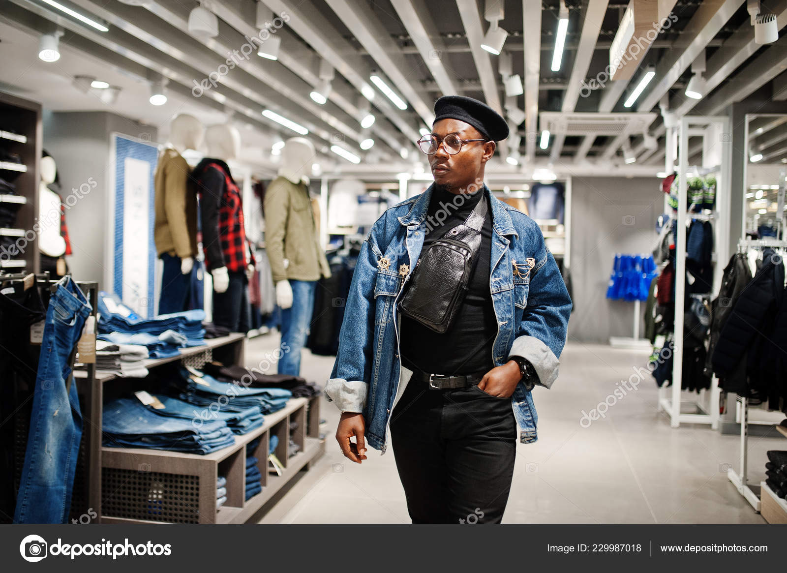 Homem Americano Africano Casual Elegante Jaqueta Jeans Boina Preta