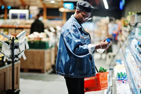 Stylish Casual African American Man Jeans Jacket Black Beret Holding — Stock Photo, Image