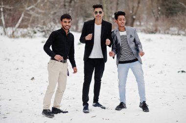 Hint mans üç sıradan genç grup ve dans eğlenceli sahip kış gününde poz verdi..