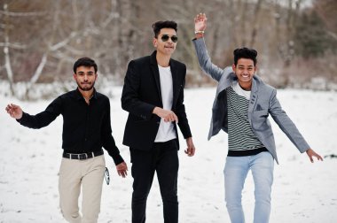 Hint mans üç sıradan genç grup ve dans eğlenceli sahip kış gününde poz verdi..
