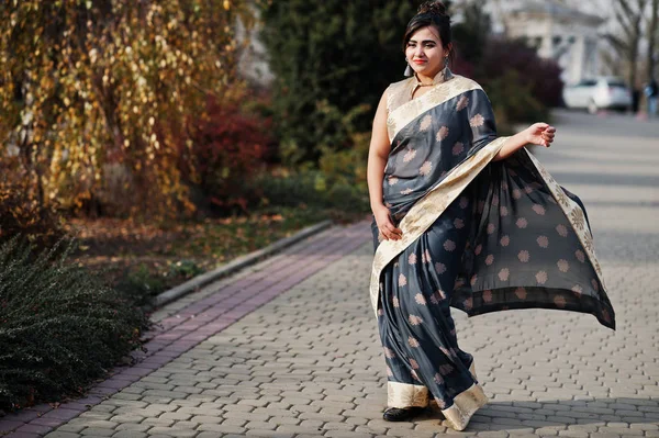 サリーは屋外歩行でエレガントなブルネット南アジア インドの女の子 — ストック写真